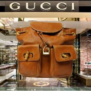 Gucci Italy Bamboo Leather Backpack Pony Style Daypack Bag